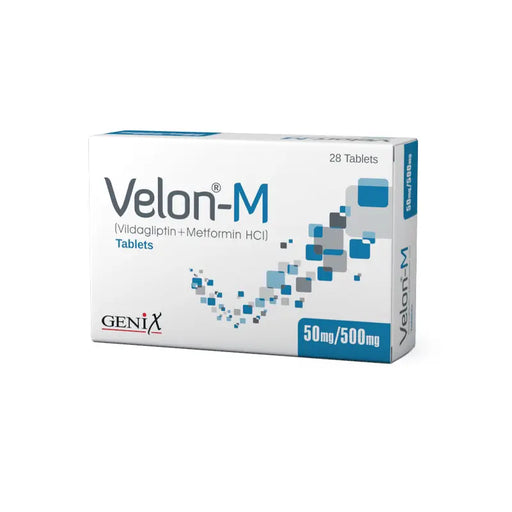 Box of Velon-M tablets with Genix branding on a white background