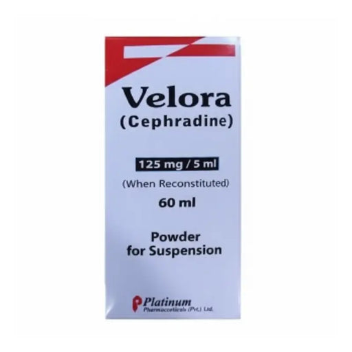 Velora Cephradine packaging with red and white design on a white background