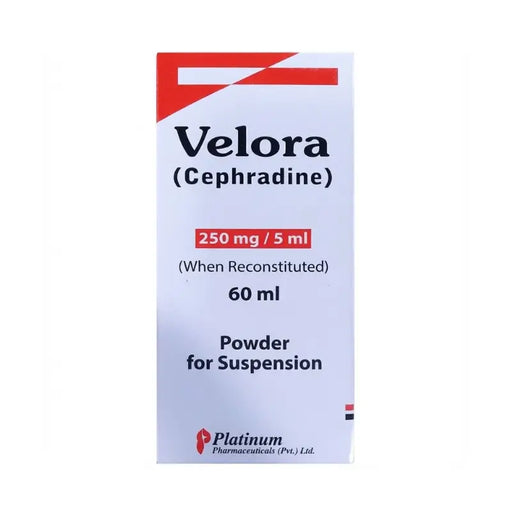 Velora Cephradine packaging with red and white design on a white background