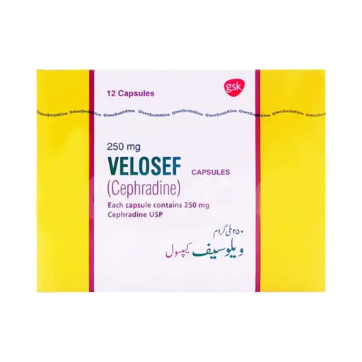 Box of VELOSEF capsules with GSK logo on a white background