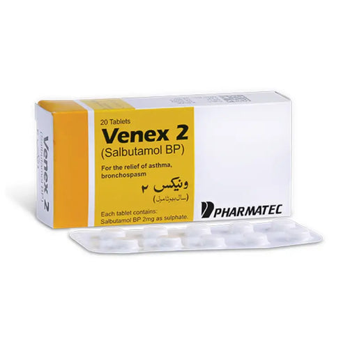Box of Venex 2 (Salbutamol BP) tablets with Pharmatec branding on a white background