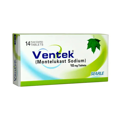 Box of Ventek Montelukast Sodium tablets with green and white design