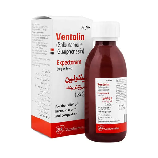 Ventolin expectorant bottle and packaging on a white background
