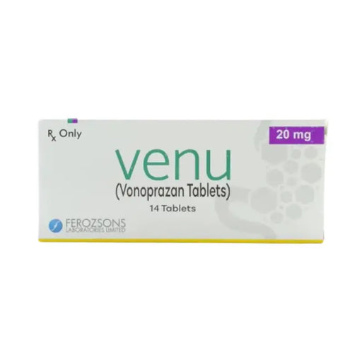 Box of Venu Vonoprazan Tablets 20 mg with Ferozsons logo on a white background