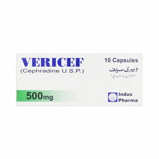 Box of Vericef capsules with Indus Pharma branding on a white background