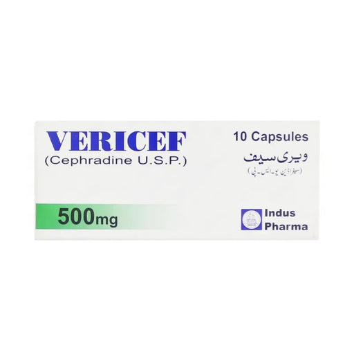 Box of Vericef capsules with Indus Pharma branding on a white background