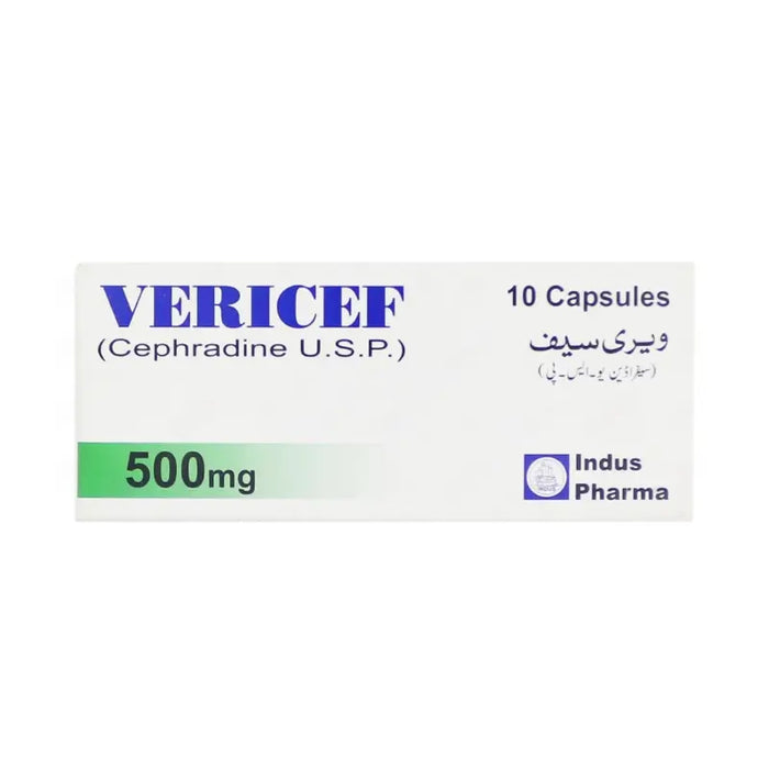 Box of Vericef capsules with Indus Pharma branding on a white background