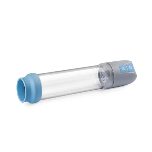 Clear cylindrical device with blue accents on a white background