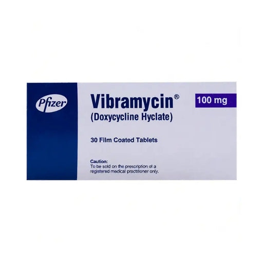 Vibramycin packaging by Pfizer on a white background