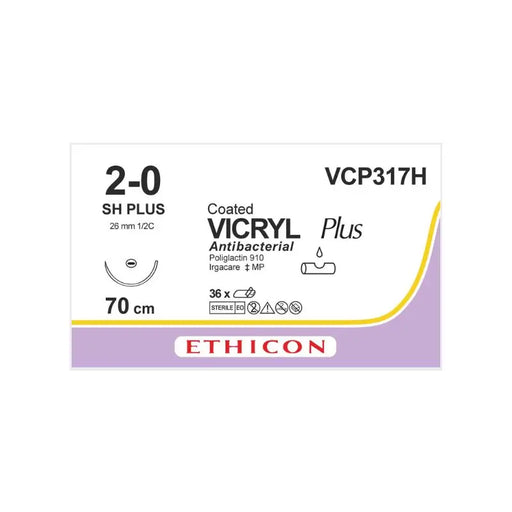 Vicryl Plus suture package with Ethicon branding on a white background