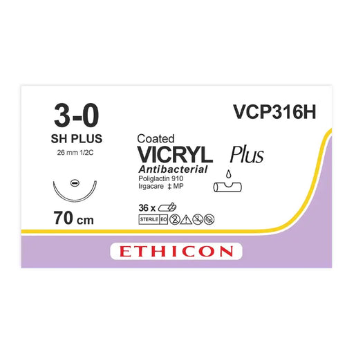Box of Ethicon Vicryl Plus surgical suture on a white background
