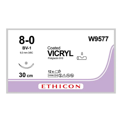 Ethicon Vicryl suture package with specifications on a white background