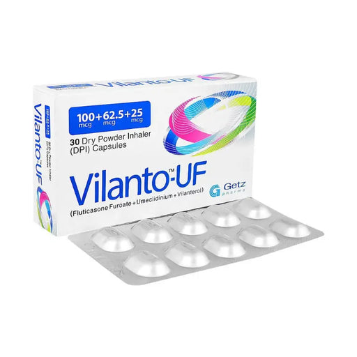 Vilanto-UF dry powder inhaler packaging with tablets on a white background