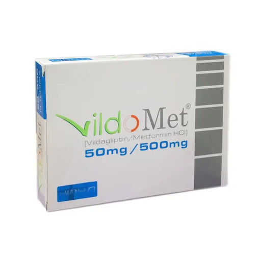 Vildomet medication box with green and blue text on a white background