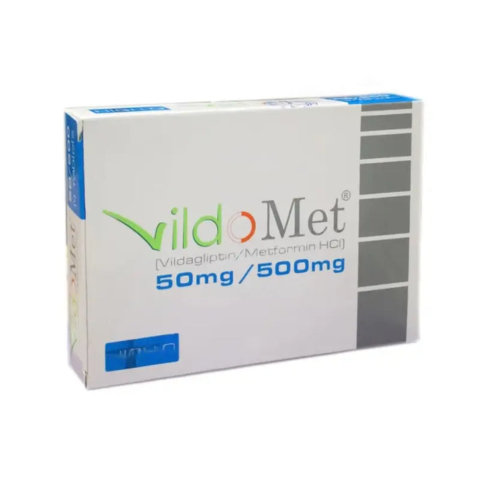 Vildomet medication box with green and blue text on a white background