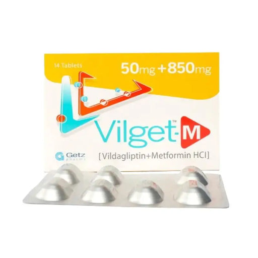 Vilget-M medication packaging with tablets on a white background