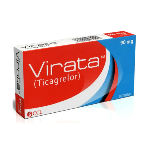Box of Virata Ticagrelor tablets with red and blue design on a white background