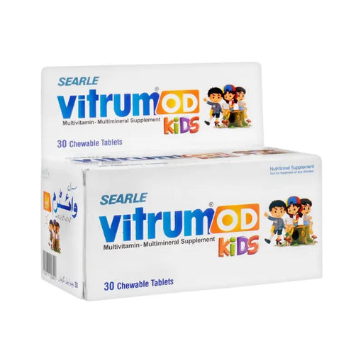 Two boxes of Searle Vitrum OD Kids multivitamin supplement on a white background