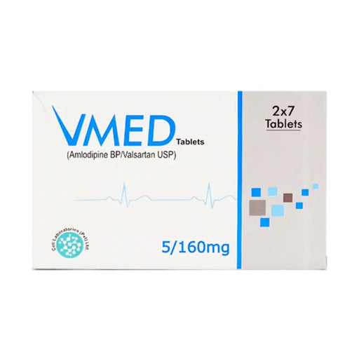 VMED tablet packaging with medical design elements on a white background