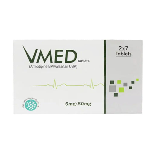 VMED tablets packaging with dosage information on a white background