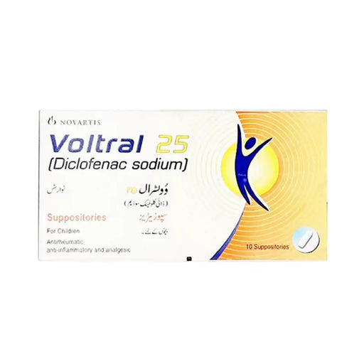 Box of Voltral 25 Diclofenac Sodium suppositories with Novartis branding on a white background.