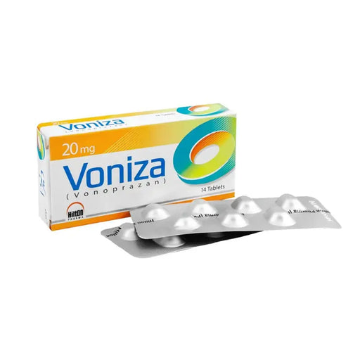 Voniza medication packaging with tablets on a white background