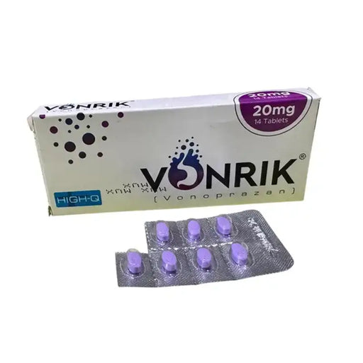 Vonrik medication packaging with purple tablets on a white background