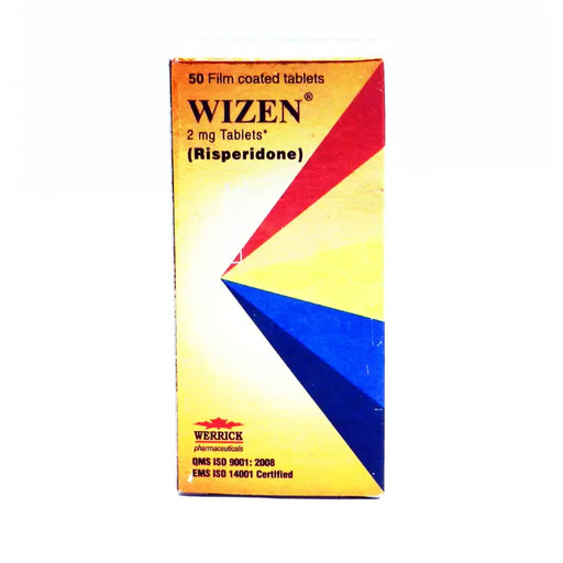 Wizen Risperidone tablet packaging with colorful design on a white background