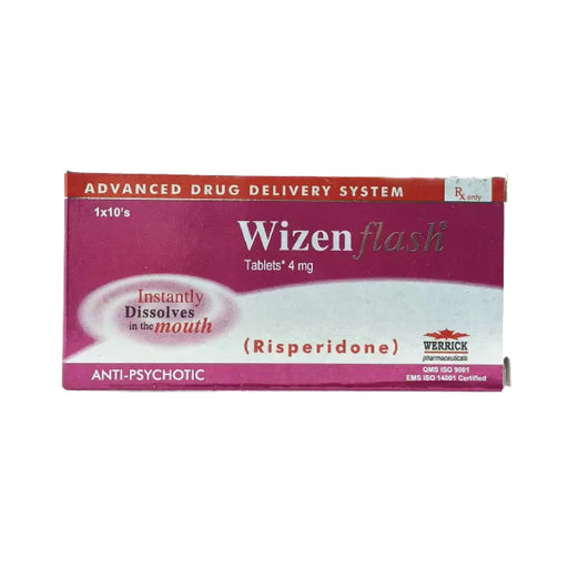 Wizen flash anti-psychotic medication packaging on a white background