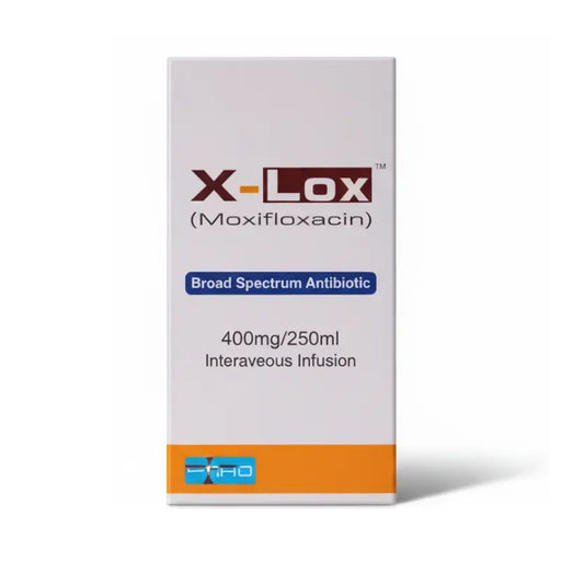 X-Lox Moxifloxacin antibiotic packaging on a white background