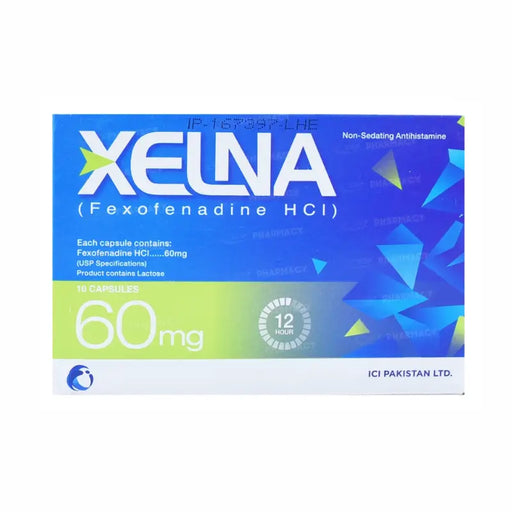 Xelna Fexofenadine HCI 60mg capsule packaging on a white background