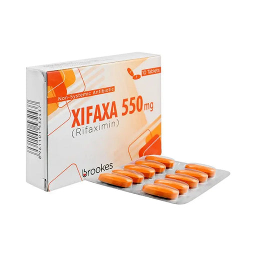 Box of Xifaxa 550 mg tablets with blister pack on a white background