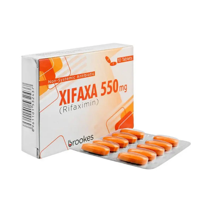 Box of Xifaxa 550 mg tablets with blister pack on a white background