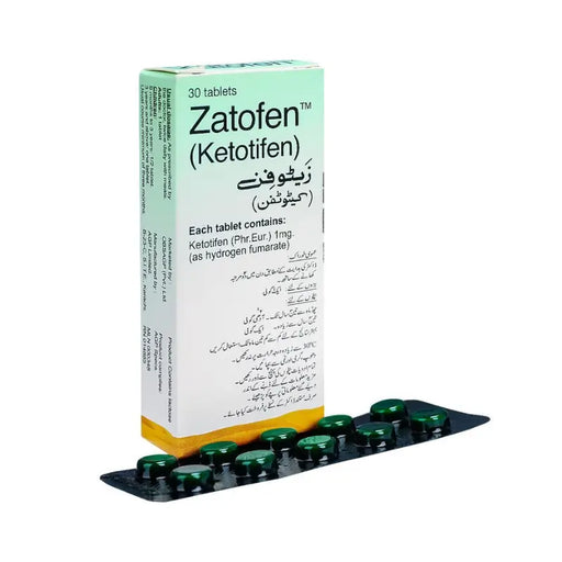 Zatofen (Ketotifen) packaging with tablets on a white background