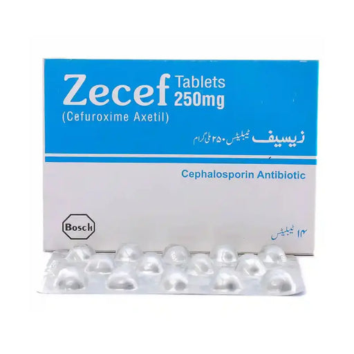 Zecef 250mg tablets packaging with blue and white design