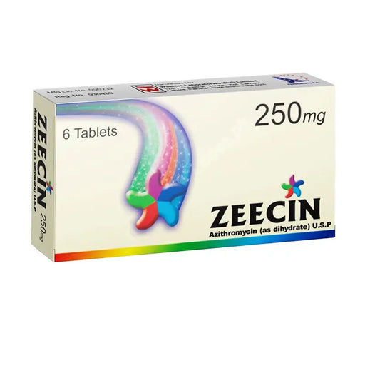 Box of Zeecin 250mg tablets with colorful design on a white background