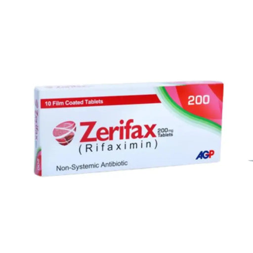 Box of Zerifax Rifaximin tablets on a white background