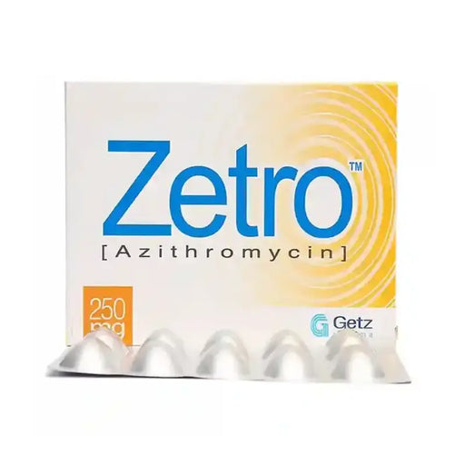 Zetro Azithromycin packaging with a white background