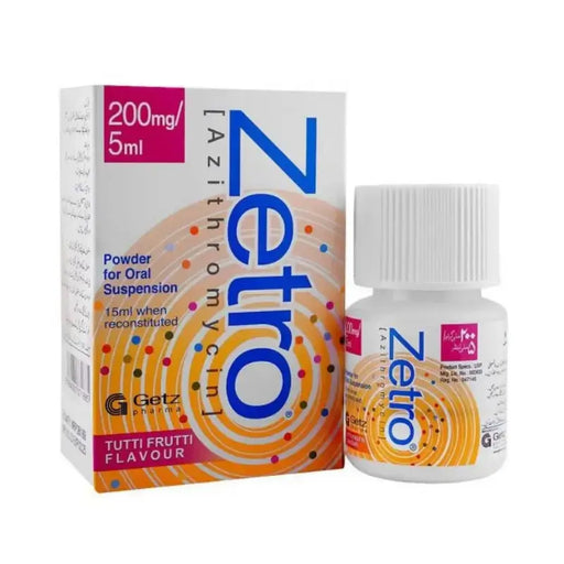 Zetro medication packaging with bottle on a white background