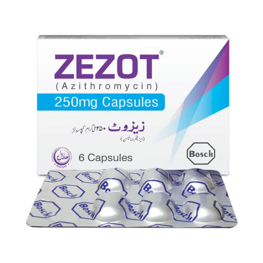 ZEZOT Azithromycin 250mg Capsules packaging with Bosch branding