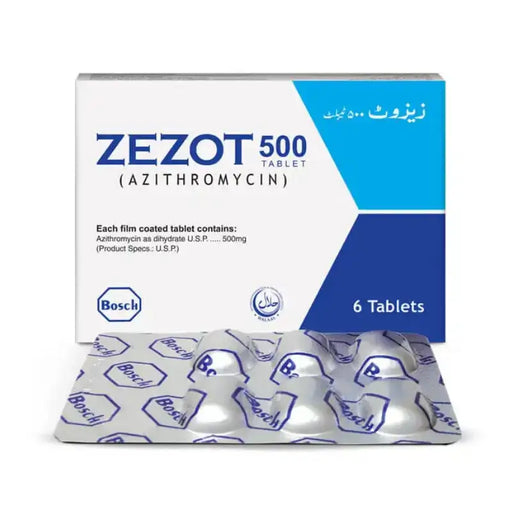 Box of Zezot 500 tablets with blue and white design