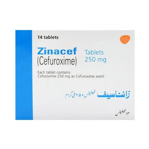 Box of Zinacef (Cefuroxime) tablets with blue and white design