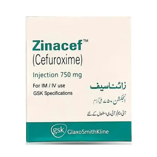 Zinacef (Cefuroxime) injection packaging with GSK logo on a beige background