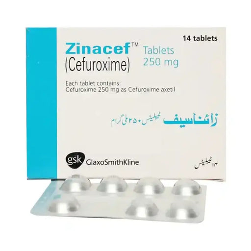 Zinacef (Cefuroxime) packaging with tablets on a white background