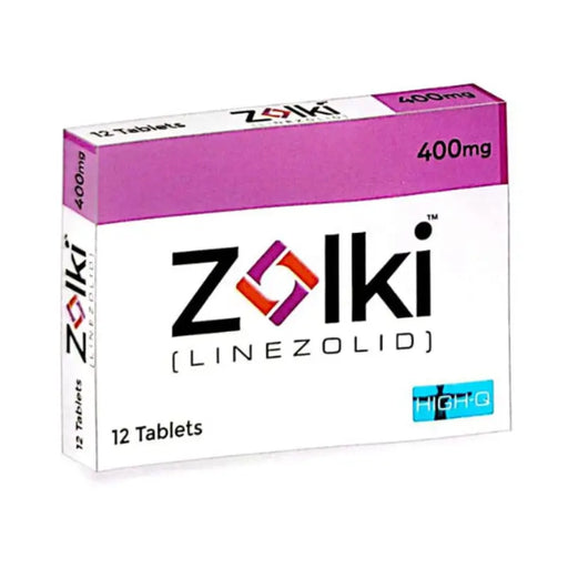 Zolki Linezolid packaging with purple and white design on a white background