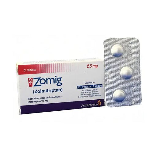 Zomig (Zolmitriptan) packaging with tablets on a white background