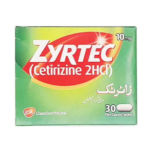 Zyrtec medication box with green and red design on a white background