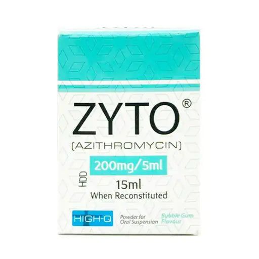 ZYTO Azithromycin packaging with turquoise and white design on a white background